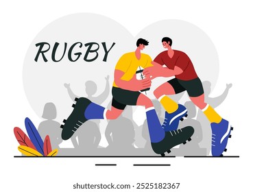 Jugador de rugby Corriendo y atrapando la Ilustración vectorial de pelota en un campeonato deportivo o torneo en un estadio con un fondo de dibujos animados de estilo plano