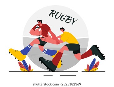 Jugador de rugby Corriendo y atrapando la Ilustración vectorial de pelota en un campeonato deportivo o torneo en un estadio con un fondo de dibujos animados de estilo plano