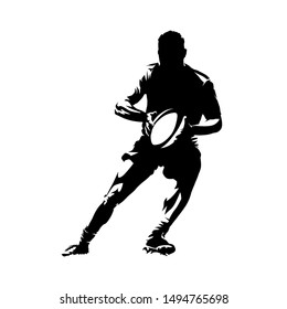 Rugby player running and holding ball in hands, abstract isolated vector silhouette. Comic style, ink drawing