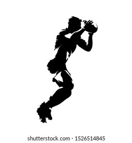 Rugby player running and holding ball in hands, abstract isolated vector silhouette. Comic style, ink drawing