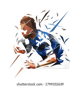 Rugby player running and holding ball, low polygonal vector illustration. Geometric isolated rugby logo from triangles