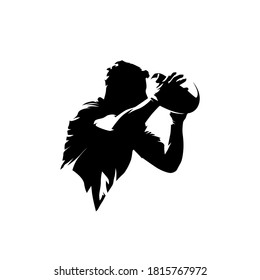 Rugby player running and holding ball in hands, abstract isolated vector silhouette. Comic style, ink drawing