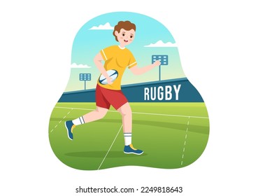 Rugby Player Running Illustration with a Ball in Championship Sport for Web Banner or Landing Page in Flat Cartoon Hand Drawn Templates