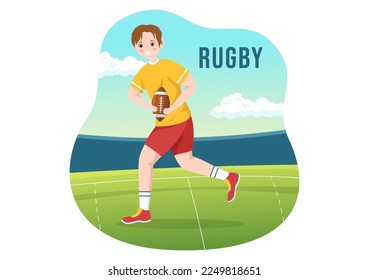 Rugby Player Running Illustration with a Ball in Championship Sport for Web Banner or Landing Page in Flat Cartoon Hand Drawn Templates