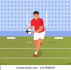 A rugby player runs with the ball across the field. The match has begun. Player in red uniform team leader. Stands in the stadium competition, cartoon flat player, play game sport. Vector Illustration