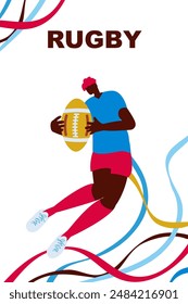 Rugby player runs with a ball. Sports background,poster  with an athlete and abstract lines