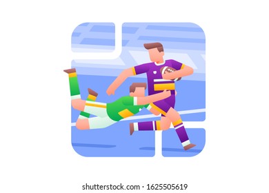 A rugby player runs while carrying the ball while avoiding tackling from the opponent. Rugby game vector illustration.