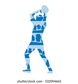 Rugby player silhouette vector abstract background made of forest trees fragments isolated on white