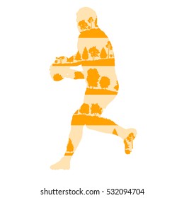 Rugby player silhouette vector abstract background made of forest trees fragments isolated on white