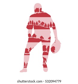 Rugby player silhouette vector abstract background made of forest trees fragments isolated on white