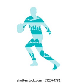 Rugby player silhouette vector abstract background made of forest trees fragments isolated on white