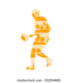 Rugby player silhouette vector abstract background made of forest trees fragments isolated on white