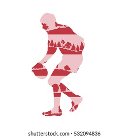 Rugby player silhouette vector abstract background made of forest trees fragments isolated on white