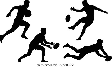 Ilustración vectorial de siluetas de jugador de rugby, poses de acción deportiva, figuras negras sobre fondo blanco, diseño de movimiento atlético, Clipart editable, correr pateando, atrapar, bucear anotar, pasar, Gráficos para video del juego