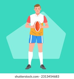 Rugby player standing in the middle with the ball