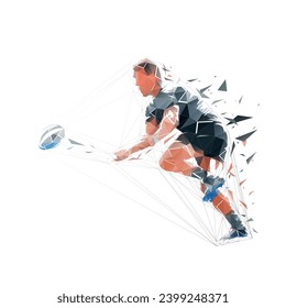 Rugby player throwing ball, low poly isolated vector illustration, side view