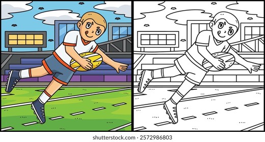 Rugby Player Trying to Score Coloring Illustration