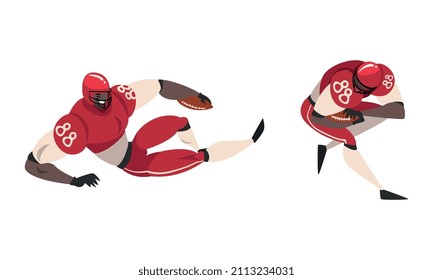 Rugby Player in Uniform Running with Oval-shaped Ball in Hand Playing Close-contact Team Sport on Pitch Vector Set