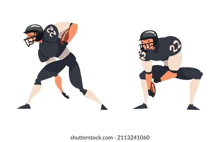 Rugby Player in Uniform Running with Oval-shaped Ball in Hand Playing Close-contact Team Sport on Pitch Vector Set