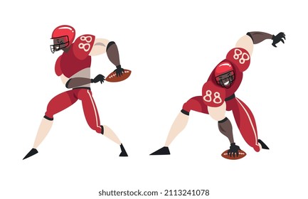 Rugby Player in Uniform Running with Oval-shaped Ball in Hand Playing Close-contact Team Sport on Pitch Vector Set
