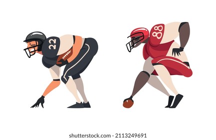 Rugby Player in Uniform Running with Oval-shaped Ball in Hand Playing Close-contact Team Sport on Pitch Vector Set