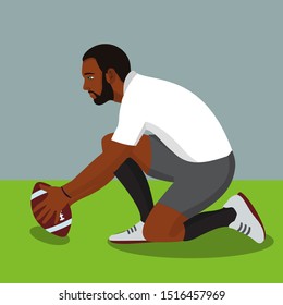 Rugby player vector illustration. Man with ball in hands.isolated on blue background
