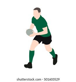 Rugby player vector illustration. Running man with ball in hands. Green jersey. Team sport