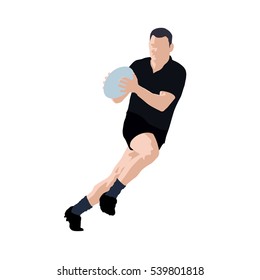 Rugby player vector illustration. Running man with ball in hands. Black jersey. Team sport