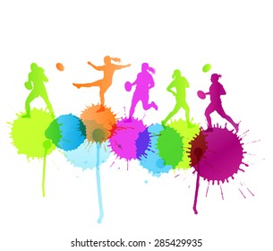 Rugby player woman active sport vector background concept with color splashes