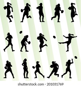 Rugby player woman silhouette vector background set