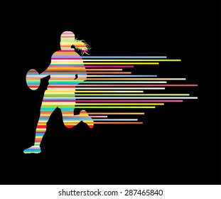 Rugby player woman silhouette vector background concept made of stripes