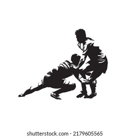 Rugby players in action, abstract isolated vector silhouette, ink drawing. Team sport athletes