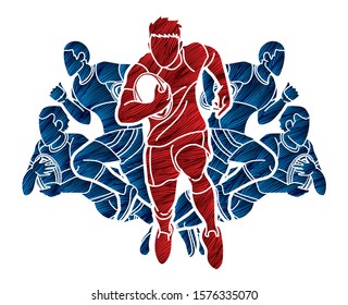 Rugby players action cartoon sport graphic vector