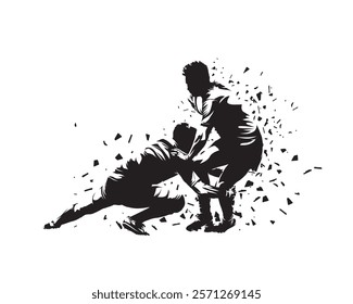 Rugby players in action, isolated vector silhouette with distortion effect. Team sports