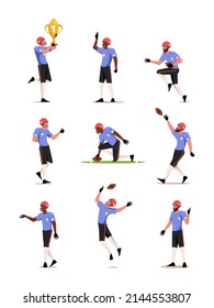 Rugby Players. Athletes National American Football Players In Action Poses Garish Vector Rugby Flat Characters