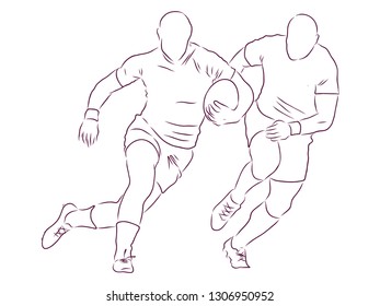 Rugby players with ball contour, vector illustration 