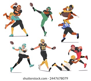 Rugby Players Characters Tackle, Pass, Kick, Run, Fight And Strategize To Advance The Ball And Score Points While Adhering To The Rules Of The Game. Cartoon People Vector Illustration, Set