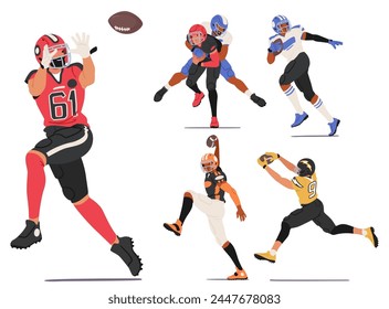 Rugby Players Characters Tackle, Pass, Kick, Sprint, Ruck, Scrum, Line-out, And Strategize, Displaying Physical Prowess, Teamwork, Tactical Acumen On The Field. Cartoon People Vector Illustration, Set