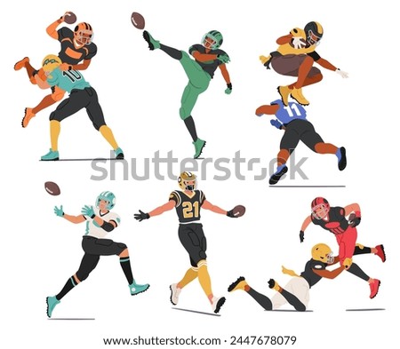 Rugby Players Characters Tackle, Pass, Kick, Run, Fight And Strategize To Advance The Ball And Score Points While Adhering To The Rules Of The Game. Cartoon People Vector Illustration, Set