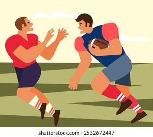 Rugby players, field, stadium. Athletes playing. American football, sports game, vector illustration