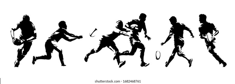 Rugby players, group of isolated vector silhouettes. Ink drawings. Team sport athletes