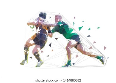 Jogadores de rugby, ilustração vetorial baixa poligonal isolada. Dois jogadores de rugby