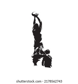 Rugby players, line-out. Abstract isolated vector silhouette, ink drawing. Group of rugby athletes