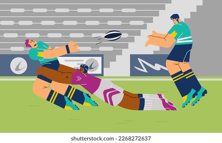 Futbolistas del rugby en el campo del estadio, ilustración vectorial de dibujos animados planos. Competencia de rugby en el estadio con personajes de dibujos animados de deportistas con ropa deportiva de equipo.