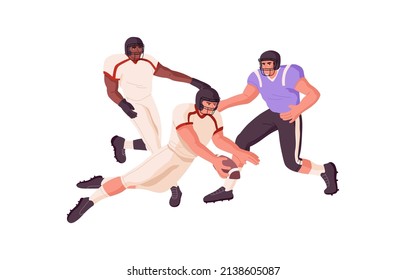 Rugby Players Scrum. American Football Rivals Struggling For Ball At Sports Game. Athletes In Helmets Playing, Attacking, Tackling And Running. Flat Vector Illustration Isolated On White Background