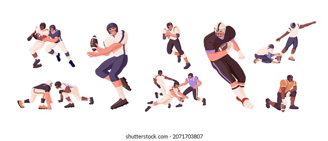 Rugby Players Set. Athletes Playing With Ball. Men In Helmets Catching, Throwing, Tackling, Attacking During American Football, Sports Game. Flat Vector Illustrations Isolated On White Background