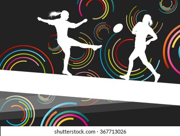 Rugby players young active women healthy sport silhouettes vector background illustration