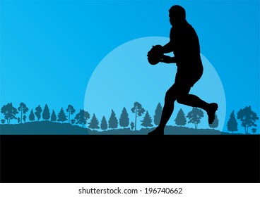Rugby playing man silhouette in countryside nature background illustration vector