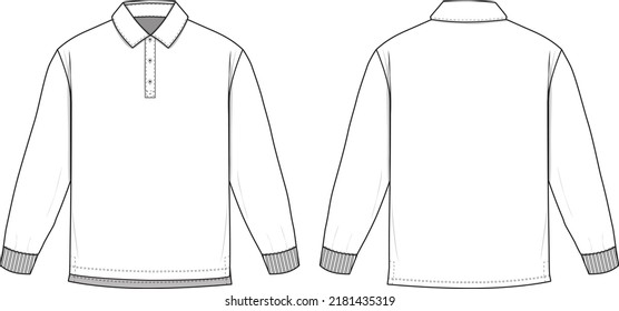 Rugby Polo Long Sleeve Collared Flat Technical Drawing Illustration Blank Mock-up Template for Design and Tech Packs CAD Technical Sketch