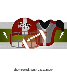 Rugby poster with a ball, shoulder pads and rugby helmet - Vector illustration